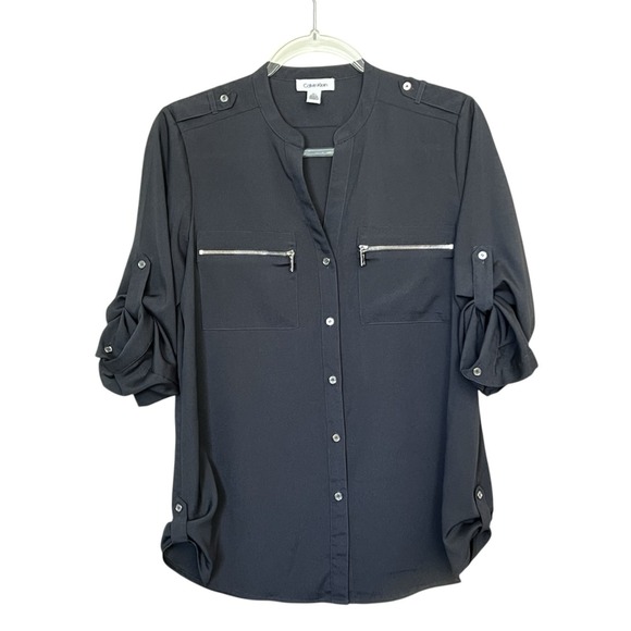 Calvin Klein Tab-Sleeve Zip-Pocket Utility‎ Blouse Gray Size S - Picture 1 of 10